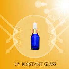 Load image into Gallery viewer, 15ml Blue Glass Bottles with Gold/White Glass Pipettes