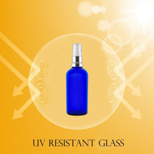 Load image into Gallery viewer, 100ml Blue Glass Bottles with Silver/White Treatment Pump and Clear Overcap