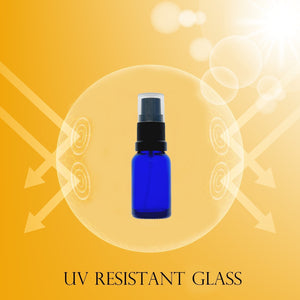 15ml Blue Glass Bottles with Black Atomiser Spray and Clear Overcap