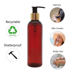 200ml Tall Amber Plastic Bottle with 24mm 410 Gold/Black Lotion Pump