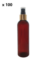 Load image into Gallery viewer, 200ml Tall Amber Plastic PET Bottle with 24/410 Gold &amp; Black Finger Spray