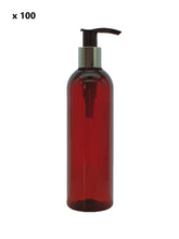 Load image into Gallery viewer, 200ml Tall Amber Plastic Bottle with 24mm 410 Silver/Black Lotion Pump