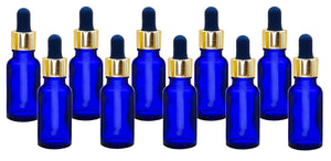 20ml Blue Glass Bottles with Gold/Black Glass Pipettes