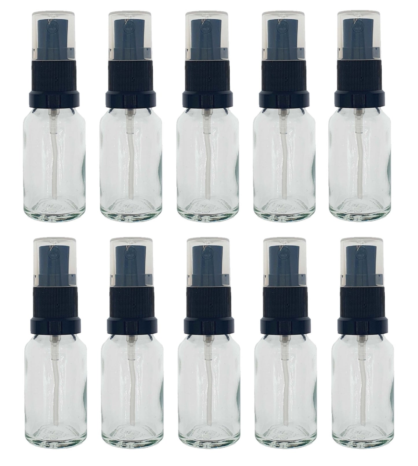 15ml Clear Glass Bottles with Black Atomiser Spray and Clear Overcap