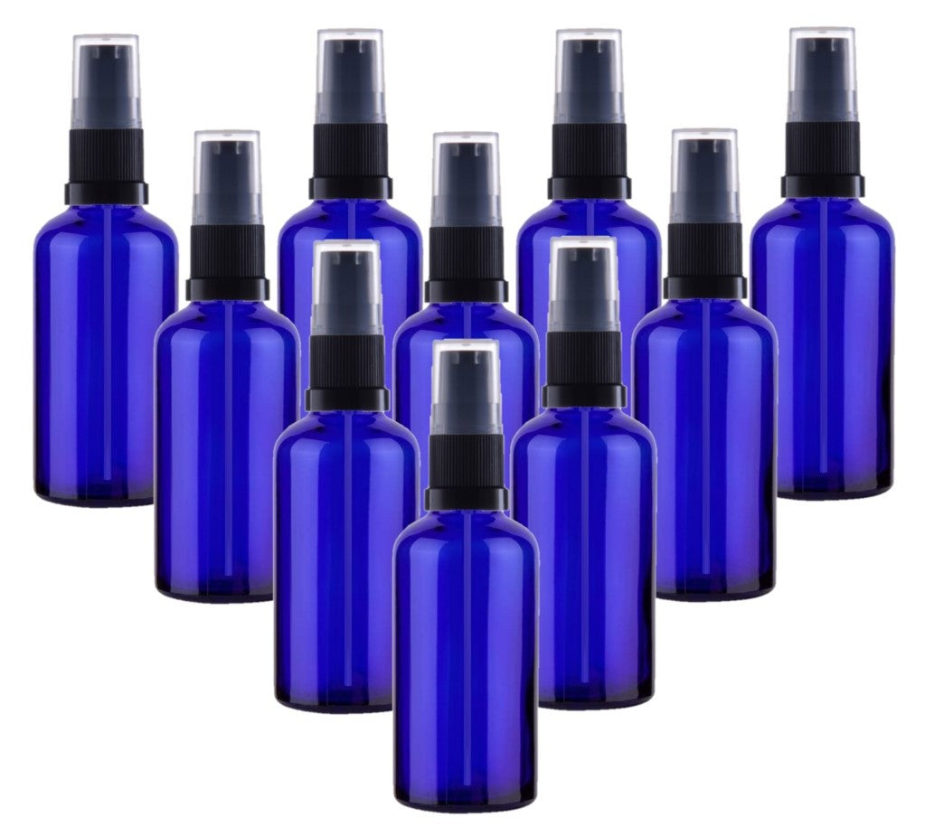 50ml Blue Glass Bottles with Black Treatment Pump and Clear Overcap