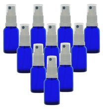 Load image into Gallery viewer, 15ml Blue Glass Bottles with White Atomiser Spray and Clear Overcap