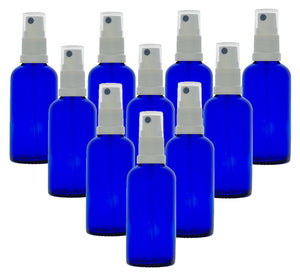 50ml Blue Glass Bottles with White Atomiser Spray and Clear Overcap
