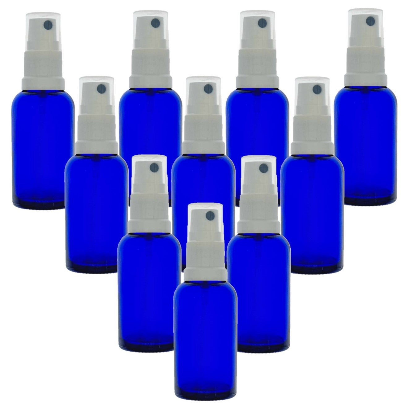 30ml Blue Glass Bottles with White Atomiser Spray and Clear Overcap