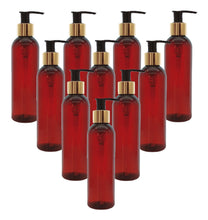 Load image into Gallery viewer, 200ml Tall Amber Plastic Bottle with 24mm 410 Gold/Black Lotion Pump