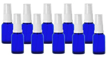 Load image into Gallery viewer, 15ml Blue Glass Bottles with White Treatment Pump and Clear Overcap