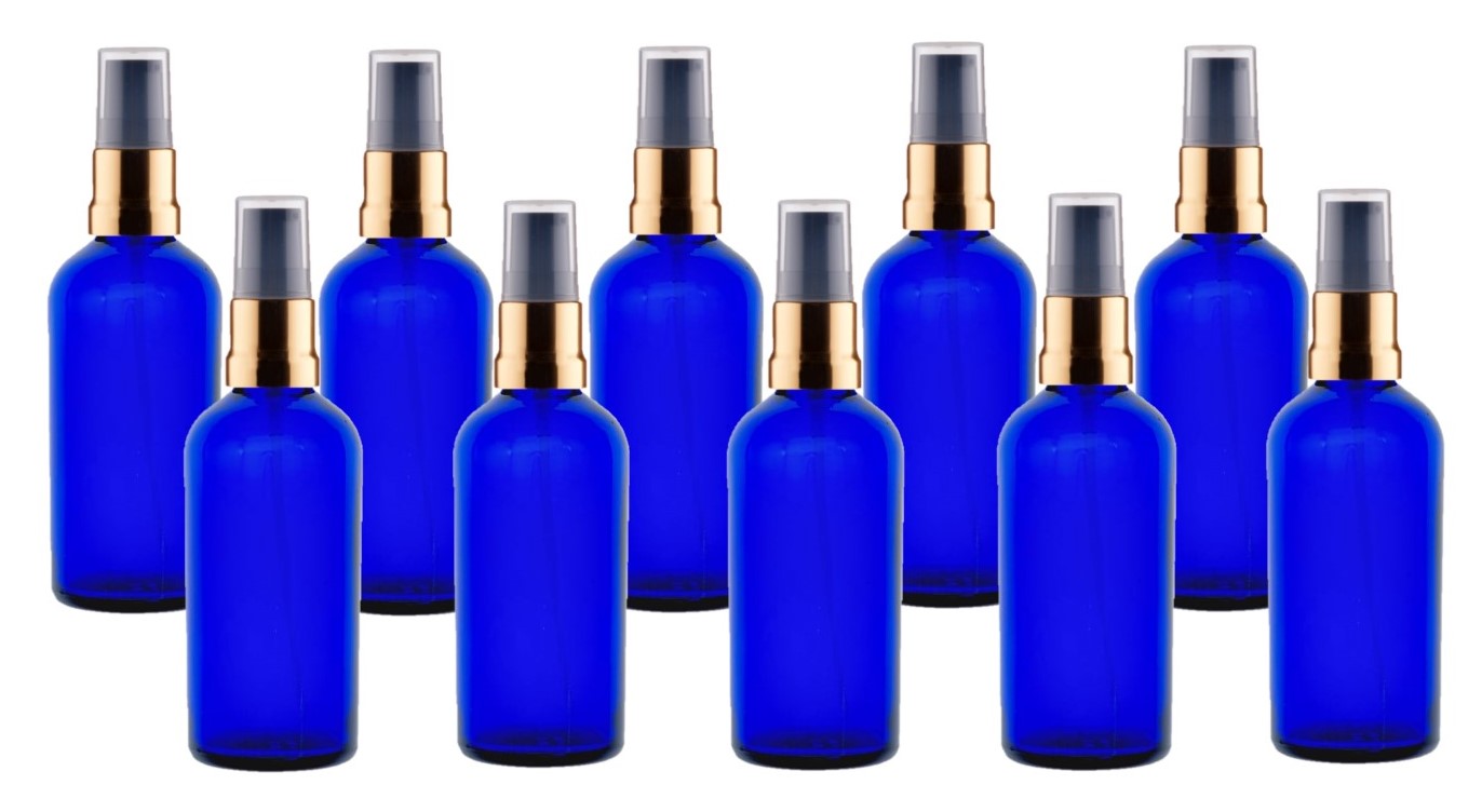 100ml Blue Glass Bottles with Gold/Black Treatment Pump and Clear Overcap