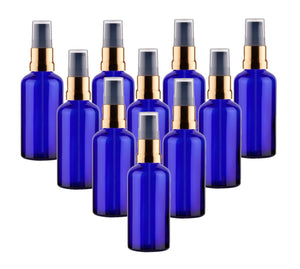 50ml Blue Glass Bottles with Gold/Black Treatment Pump and Clear Overcap