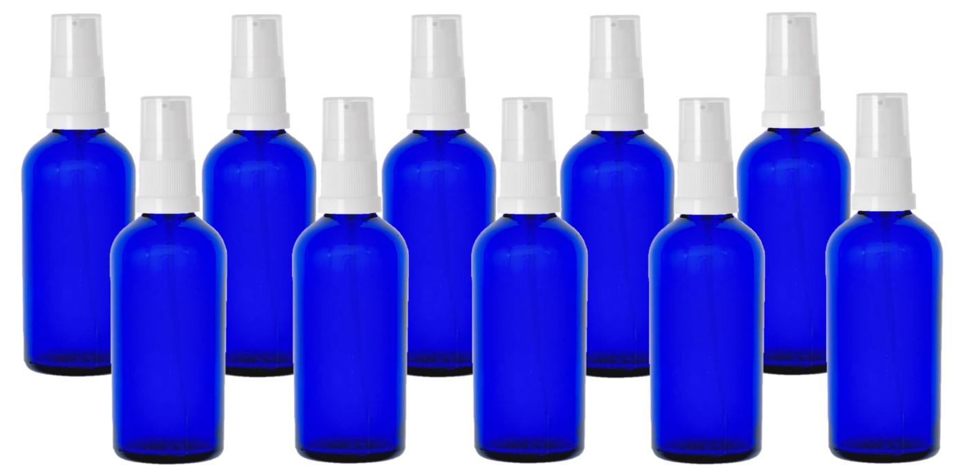 100ml Blue Glass Bottles with White Treatment Pump and Clear Overcap