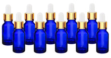 Load image into Gallery viewer, 15ml Blue Glass Bottles with Gold/White Glass Pipettes