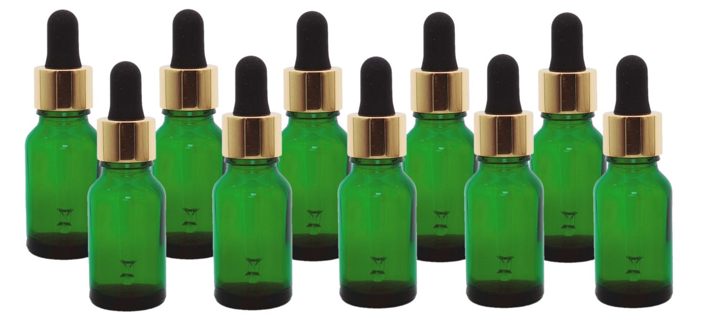 15ml Green Glass Bottles with Gold/Black Glass Pipettes
