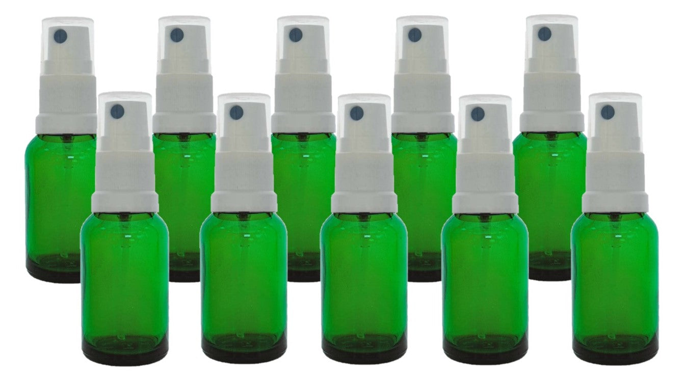 15ml Green Glass Bottles with White Atomiser Spray and Clear Overcap