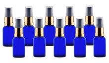 Load image into Gallery viewer, 15ml Blue Glass Bottles with Gold/Black Treatment Pump and Clear Overcap