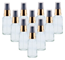 Load image into Gallery viewer, 30ml Clear Glass Bottles with Gold/Black Treatment Pump and Clear Overcap
