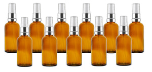 50ml Amber Glass Bottles with Silver/White Treatment Pump and Clear Overcap