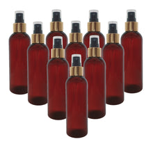 Load image into Gallery viewer, 200ml Tall Amber Plastic PET Bottle with 24/410 Gold &amp; Black Finger Spray