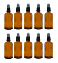 Load image into Gallery viewer, 100ml Amber Glass Bottles with Black Atomiser Spray and Clear Overcap