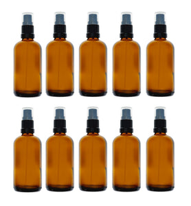 100ml Amber Glass Bottles with Black Atomiser Spray and Clear Over Cap