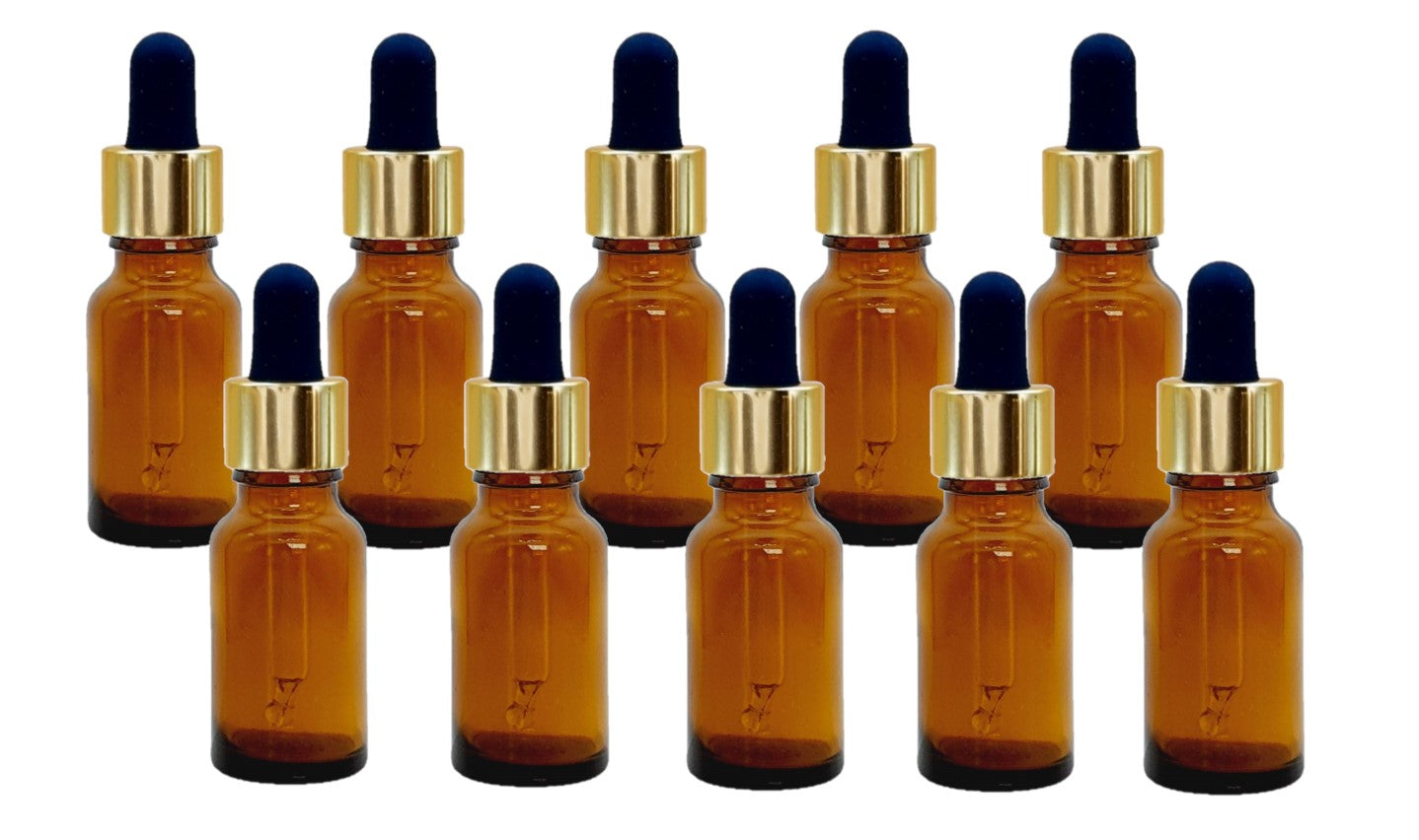 15ml Amber Glass Bottles with Gold/Black Glass Pipettes