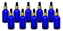 Load image into Gallery viewer, 30ml Blue Glass Bottles with Gold/Black Glass Pipettes