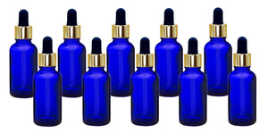 30ml Blue Glass Bottles with Gold/Black Glass Pipettes