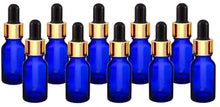 Load image into Gallery viewer, 15ml Blue Glass Bottles with Gold/Black Glass Pipettes