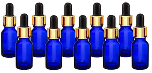 15ml Blue Glass Bottles with Gold/Black Glass Pipettes