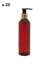 Load image into Gallery viewer, 200ml Tall Amber Plastic Bottle with 24mm 410 Gold/Black Lotion Pump