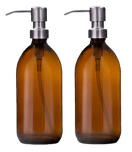 Load image into Gallery viewer, 500ml Amber Glass Soap Dispenser Bottles with Brushed Steel Metal Pump