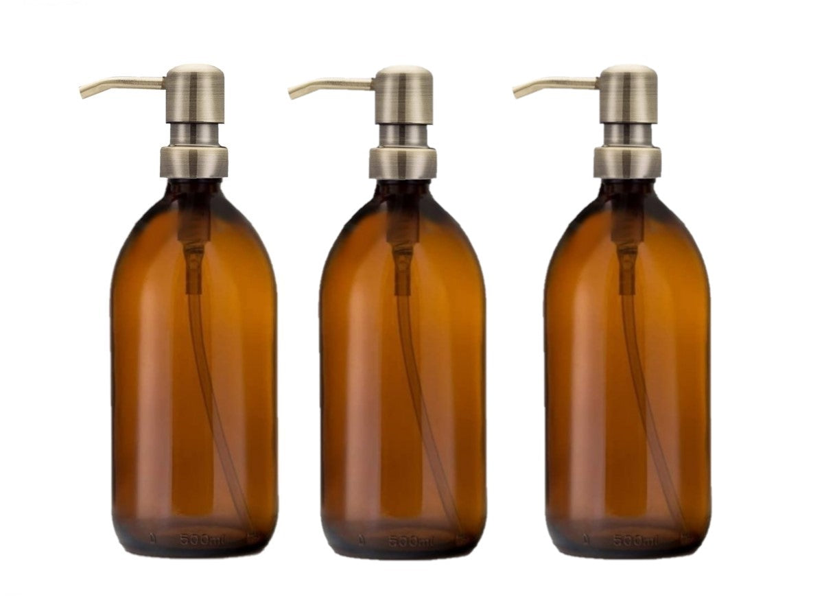 500ml Amber Glass Soap Dispenser Bottles with Brass Style Metal Pump