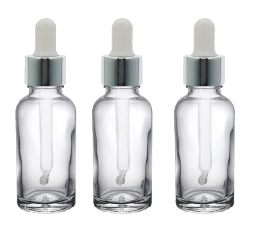 30ml Clear Glass Bottles with Silver/White Glass Pipettes