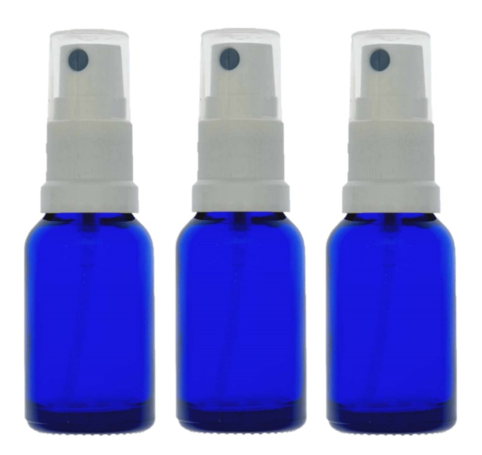 15ml Blue Glass Bottles with White Atomiser Spray and Clear Overcap
