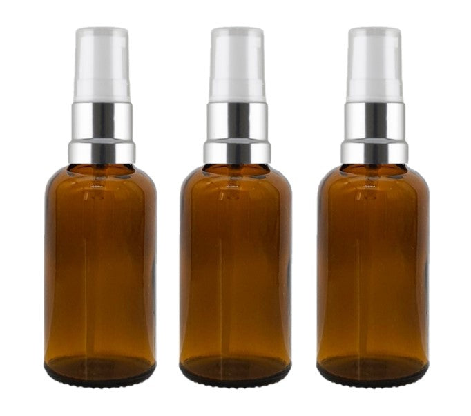 30ml Amber Glass Bottles with Silver/White Treatment Pump and Clear Overcap