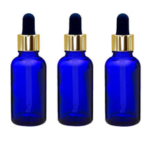 Load image into Gallery viewer, 30ml Blue Glass Bottles with Gold/Black Glass Pipettes