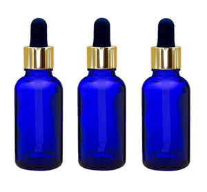 30ml Blue Glass Bottles with Gold/Black Glass Pipettes