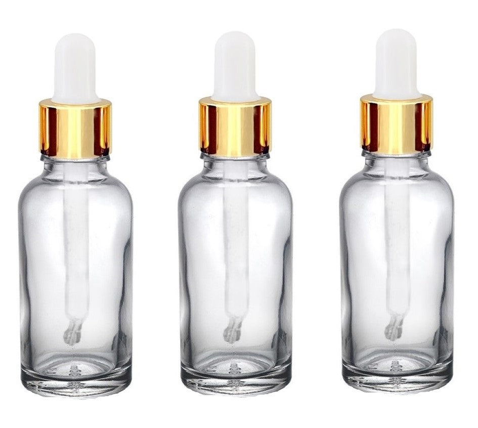 30ml Clear Glass Bottles with Gold/White Glass Pipettes