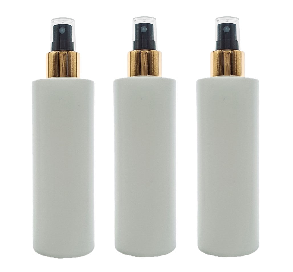 250ml White Plastic HDPE Bottle with Gold/Black Finger Spray