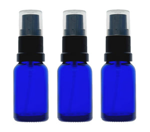 15ml Blue Glass Bottles with Black Atomiser Spray and Clear Overcap