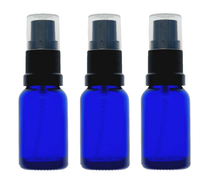 15ml Blue Glass Bottles with Black Atomiser Spray and Clear Overcap