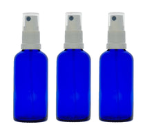 Load image into Gallery viewer, 50ml Blue Glass Bottles with White Atomiser Spray and Clear Overcap