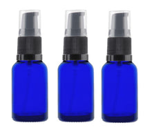 Load image into Gallery viewer, 15ml Blue Glass Bottles with Black Treatment Pump and Clear Overcap