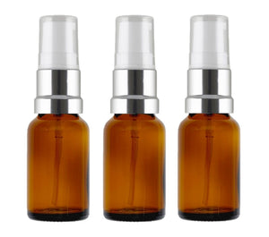 15ml Amber Glass Bottles with Silver/White Treatment Pump and Clear Overcap