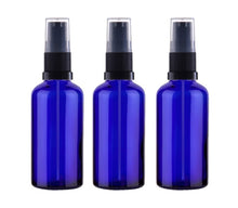 Load image into Gallery viewer, 50ml Blue Glass Bottles with Black Treatment Pump and Clear Overcap