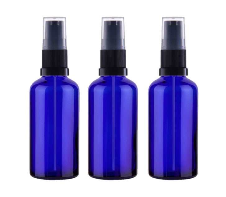 50ml Blue Glass Bottles with Black Treatment Pump and Clear Overcap