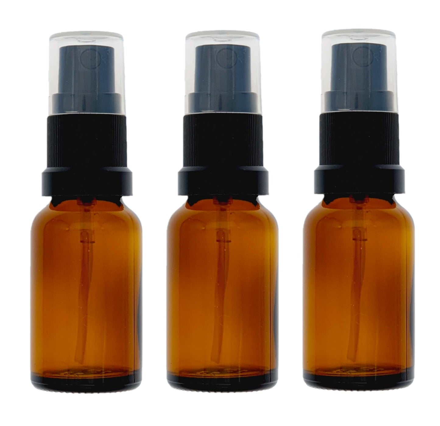 15ml Amber Glass Bottles with Black Atomiser Spray and Clear Overcap