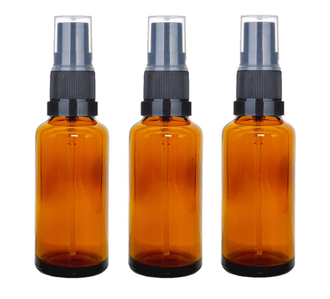 25ml Amber Glass Bottles with Black Atomiser Spray and Clear Overcap